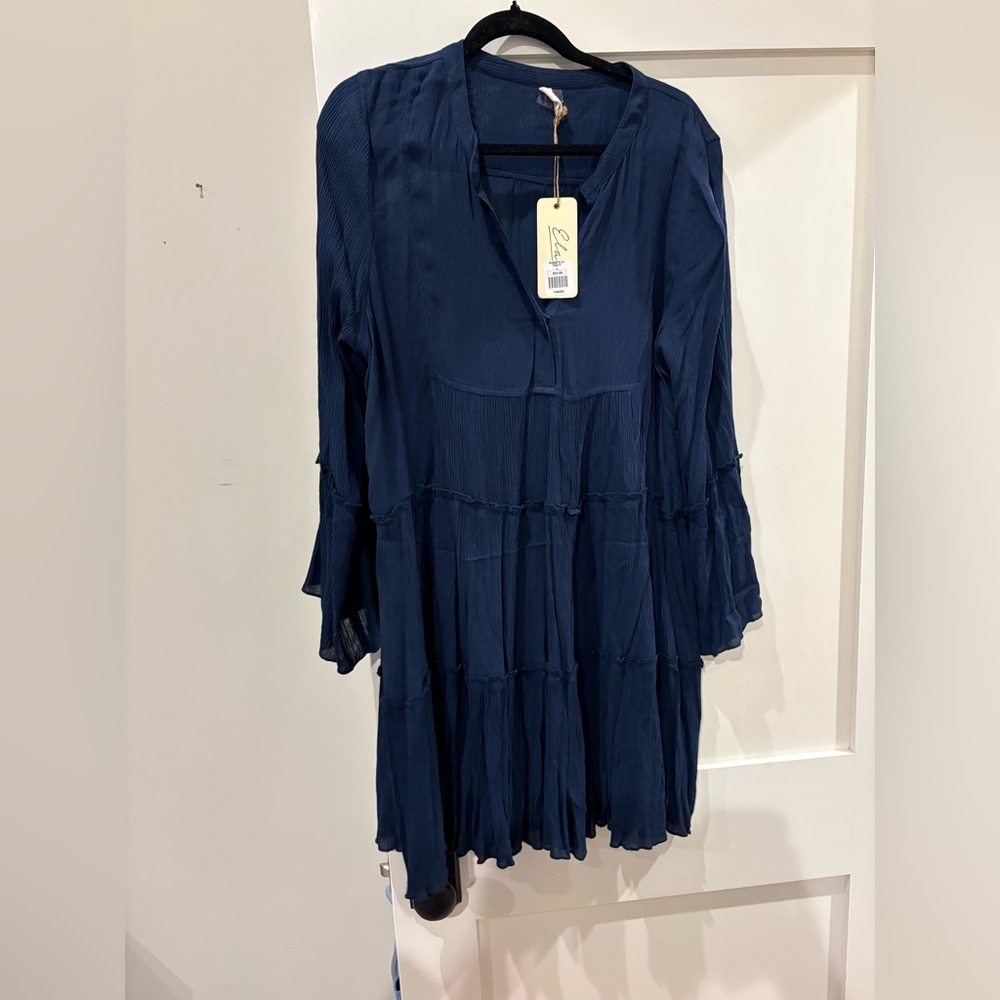 Ella Navy Crinkle Tiered Long-Sleeve Dress